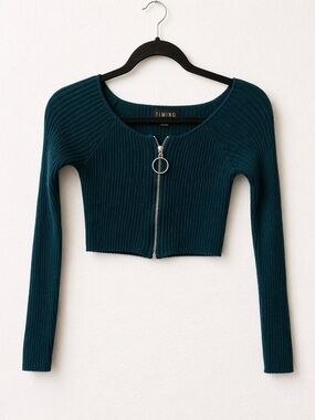 TIMING Teal Ribbed Zip-Front Cropped Long-Sleeve Top with Ring Pull